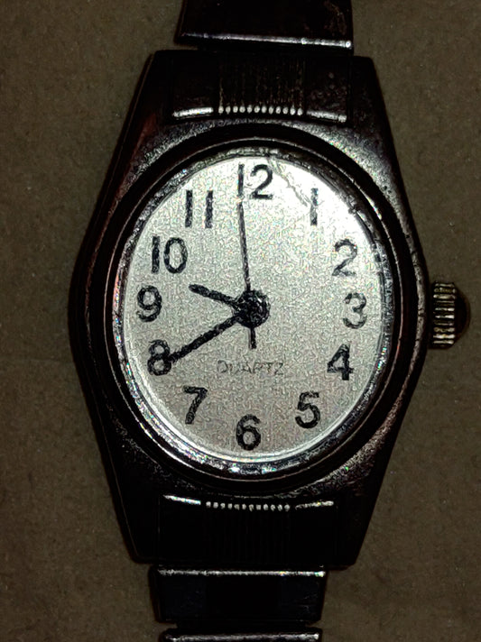 Simple pre-owned ladies stainless steel with white dial .steel band runs well every day watch